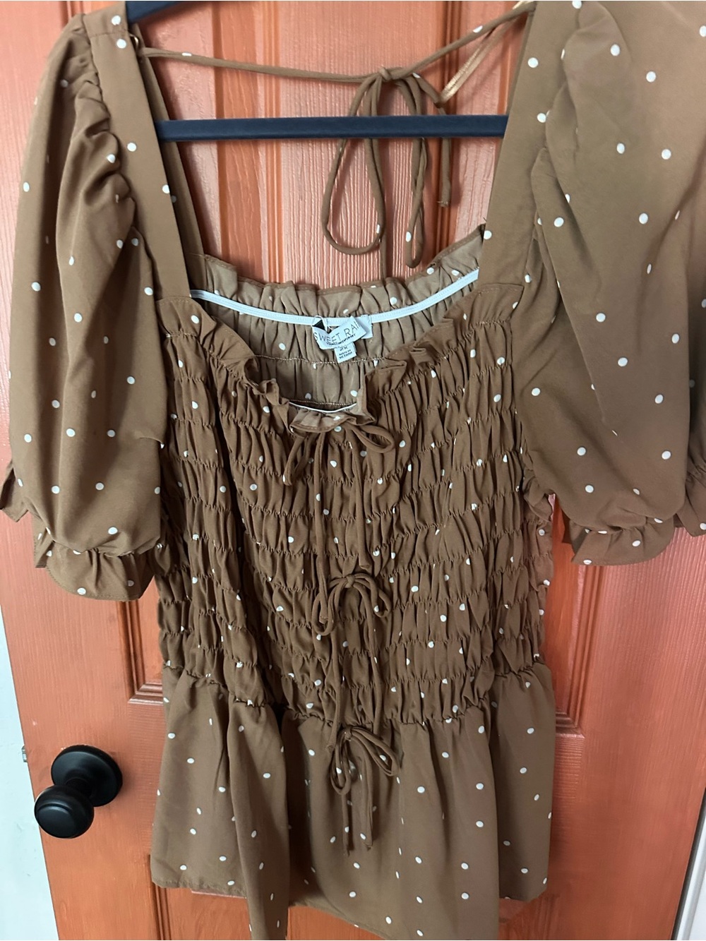 Sweet Rain Brown Polka Dot Smocked Midi Dress